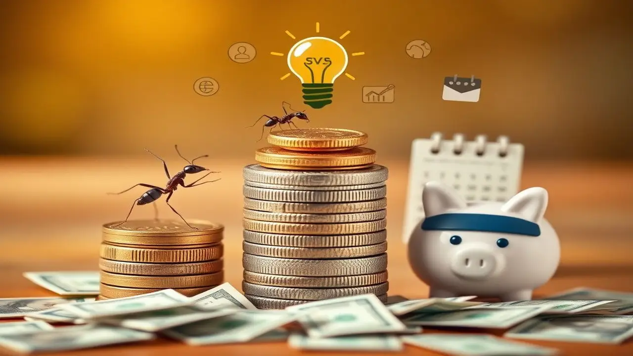 Ahorros visuales: dinero, hormiga, calendario, luz