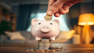 Ahorro: alcancía con euro, ambiente cálido