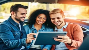 Jóvenes felices estrenando coche, tablet y sol