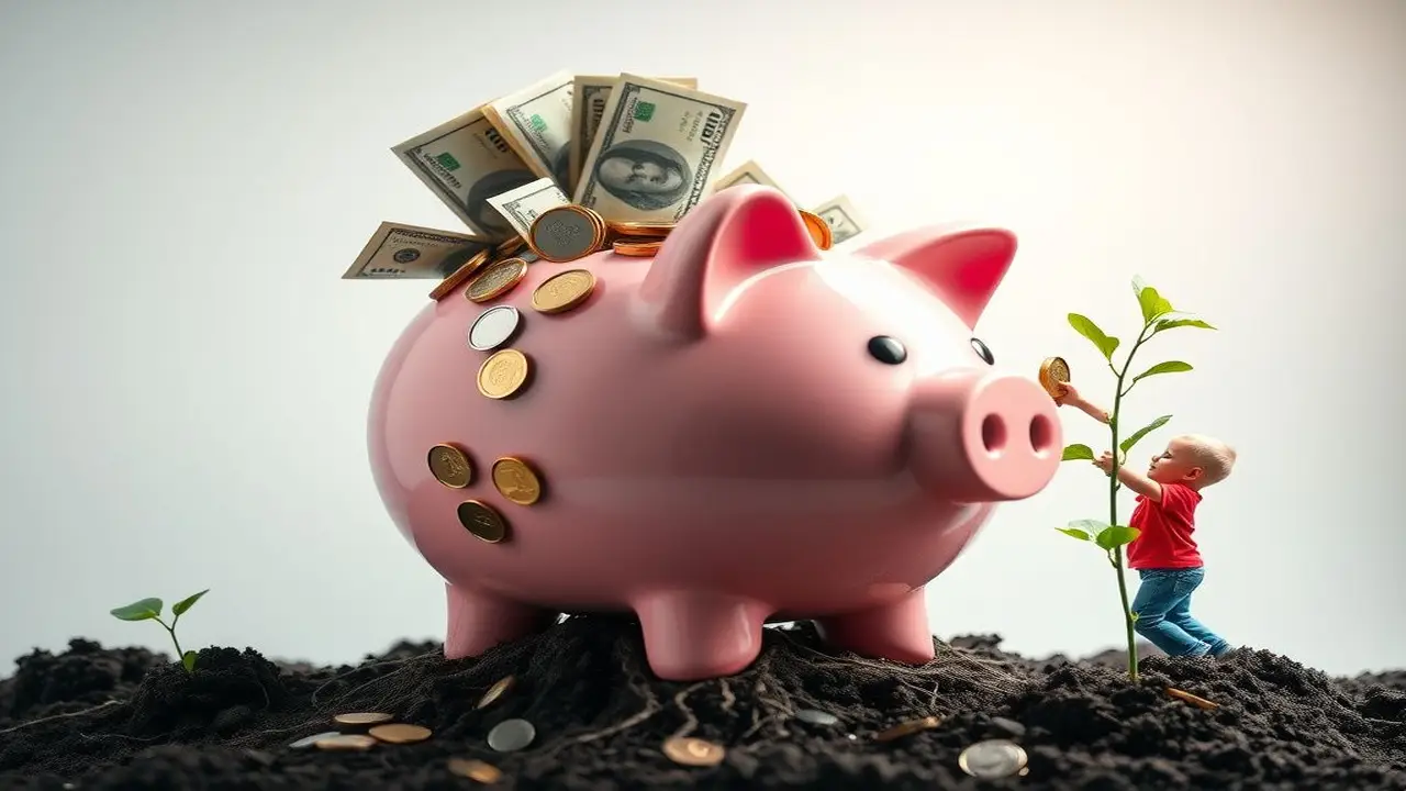 Cerdito plantado, raíces, prosperidad floreciente