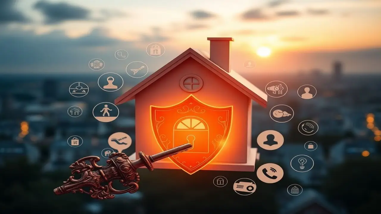 Llave, escudo, seguro, valor, seguridad en ciudad