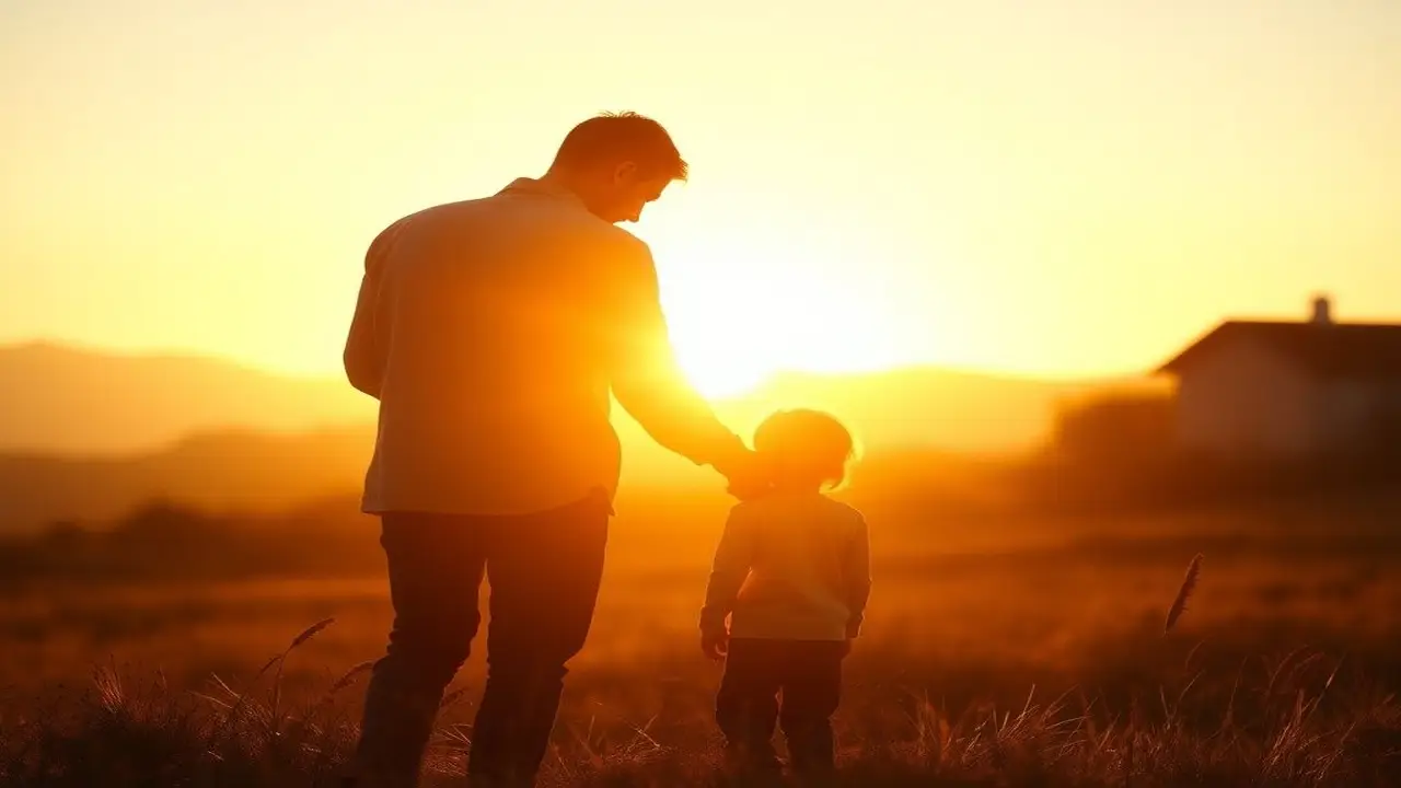 Familia serena en amanecer protector