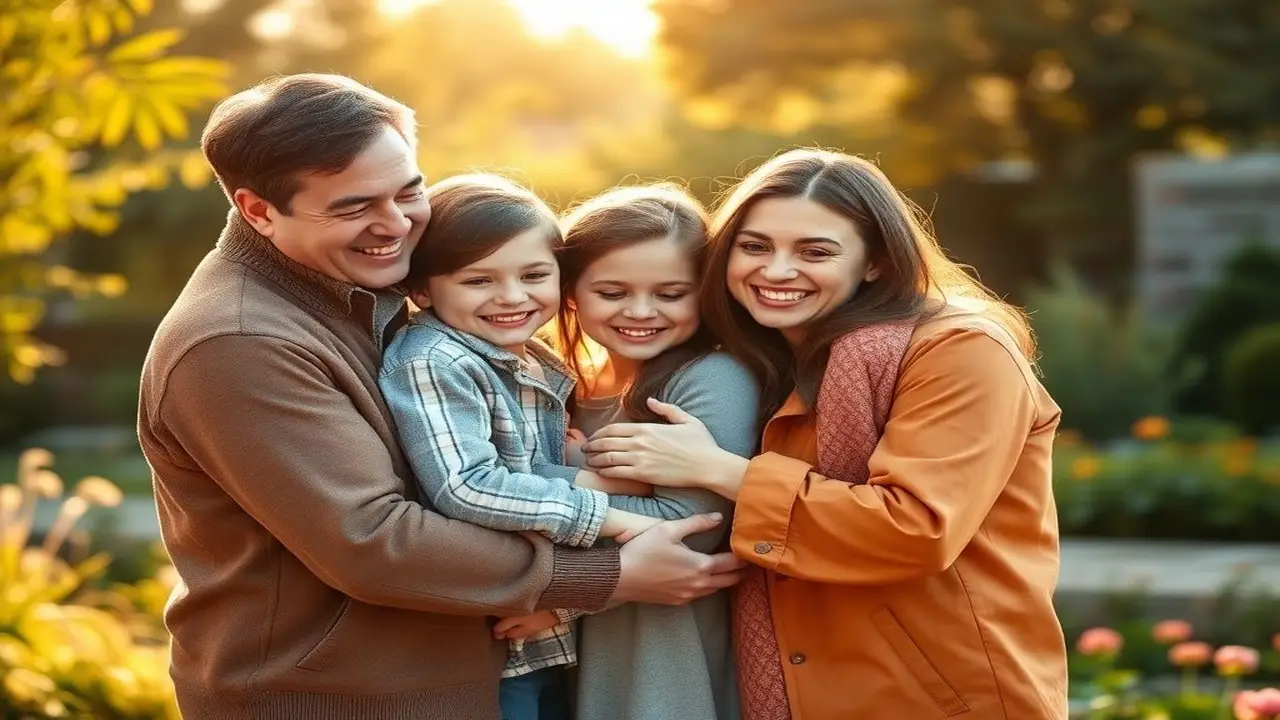 Familia feliz, unida y segura en jardín