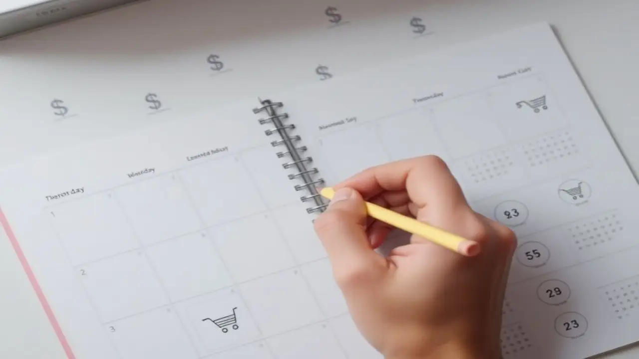 Mano escribe planificador con íconos, fechas, en pastel